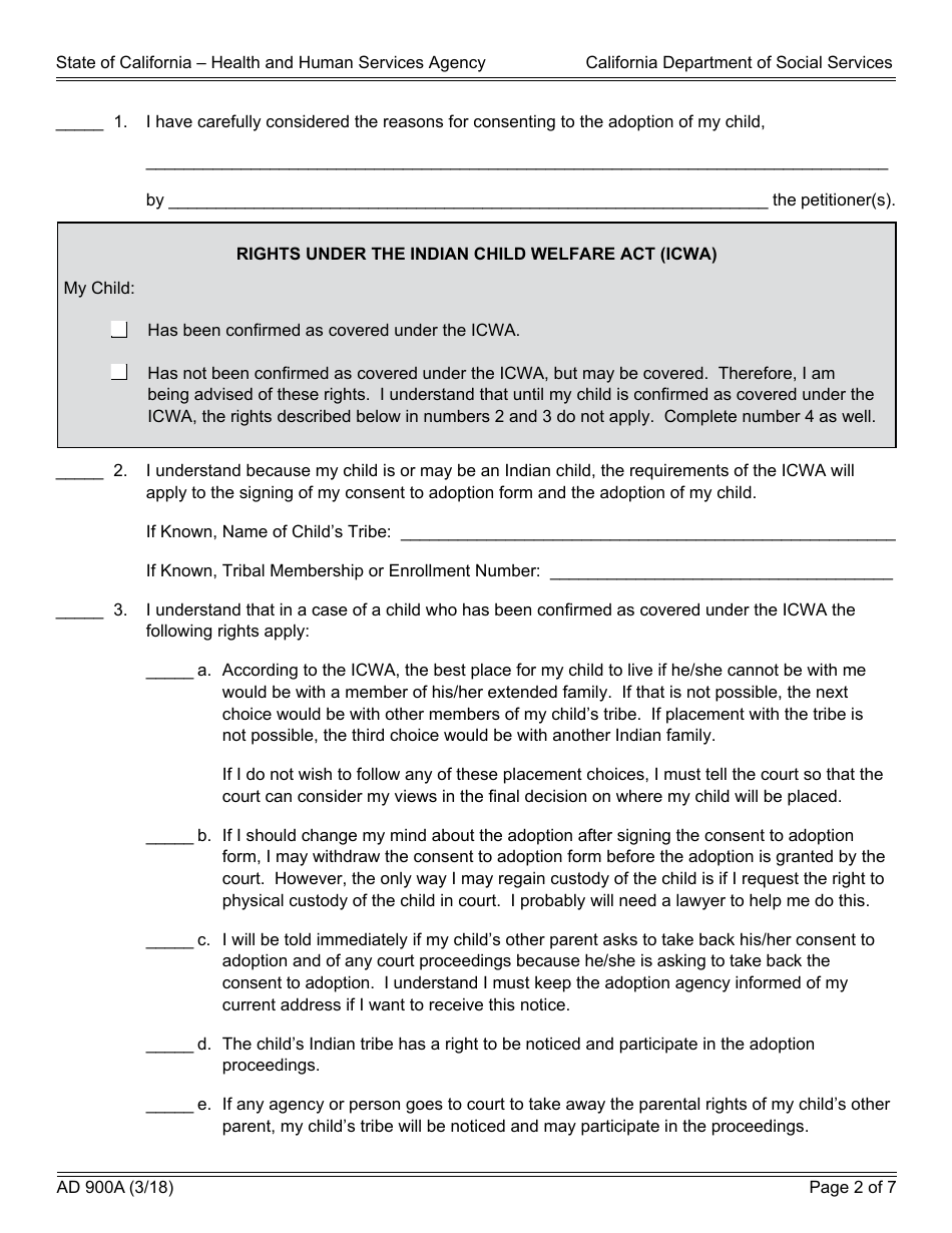Form AD900A Statement of Understanding - Independent Adoptions Program - California, Page 2