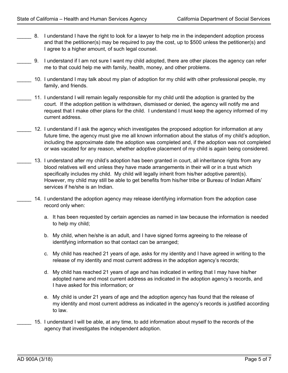 Form AD900A Statement of Understanding - Independent Adoptions Program - California, Page 5