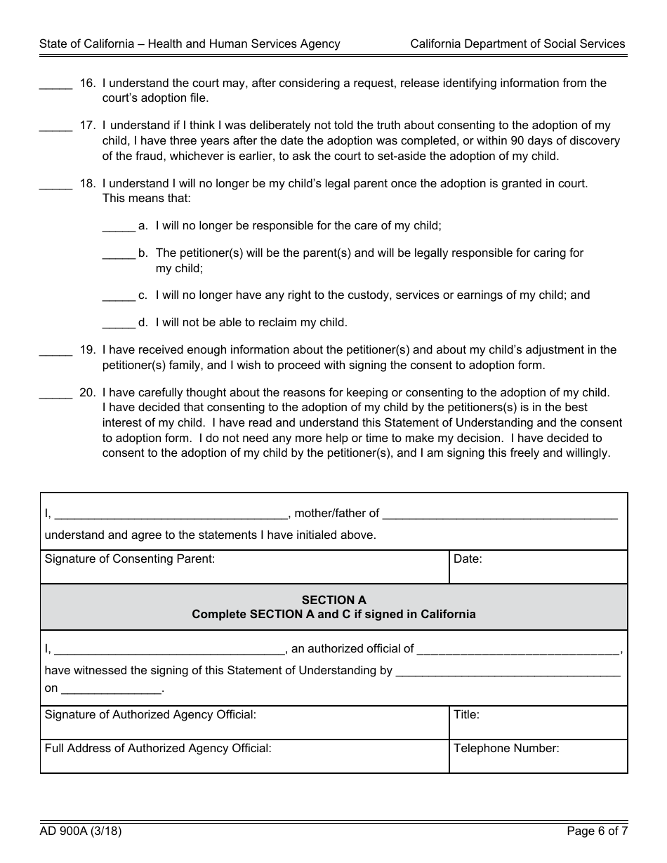Form AD900A Statement of Understanding - Independent Adoptions Program - California, Page 6