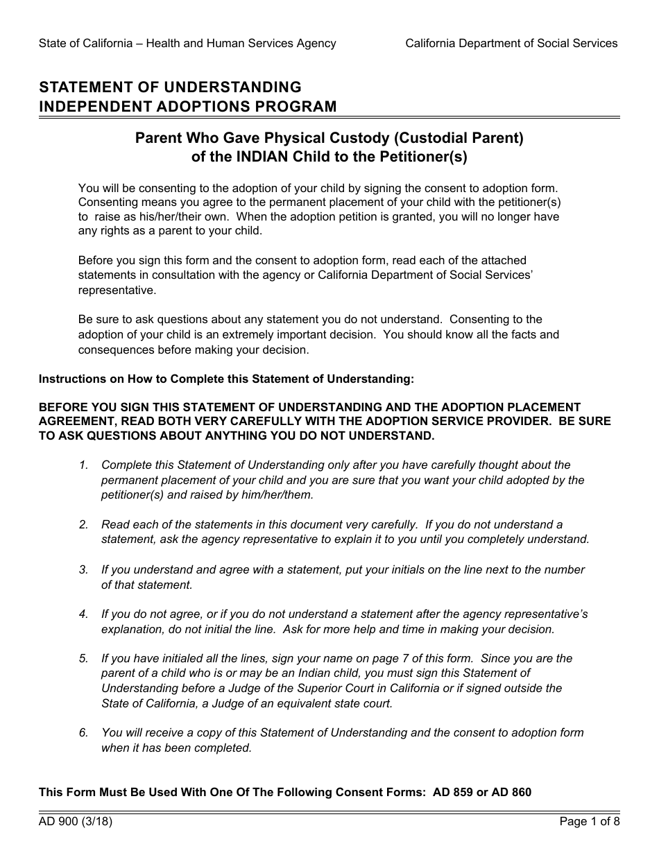 Form AD900 Statement of Understanding Independent Adoptions Program - Parent Who Gave Physical Custody (Custodial Parent) of the Indian Child to the Petitioner(S) - California, Page 1