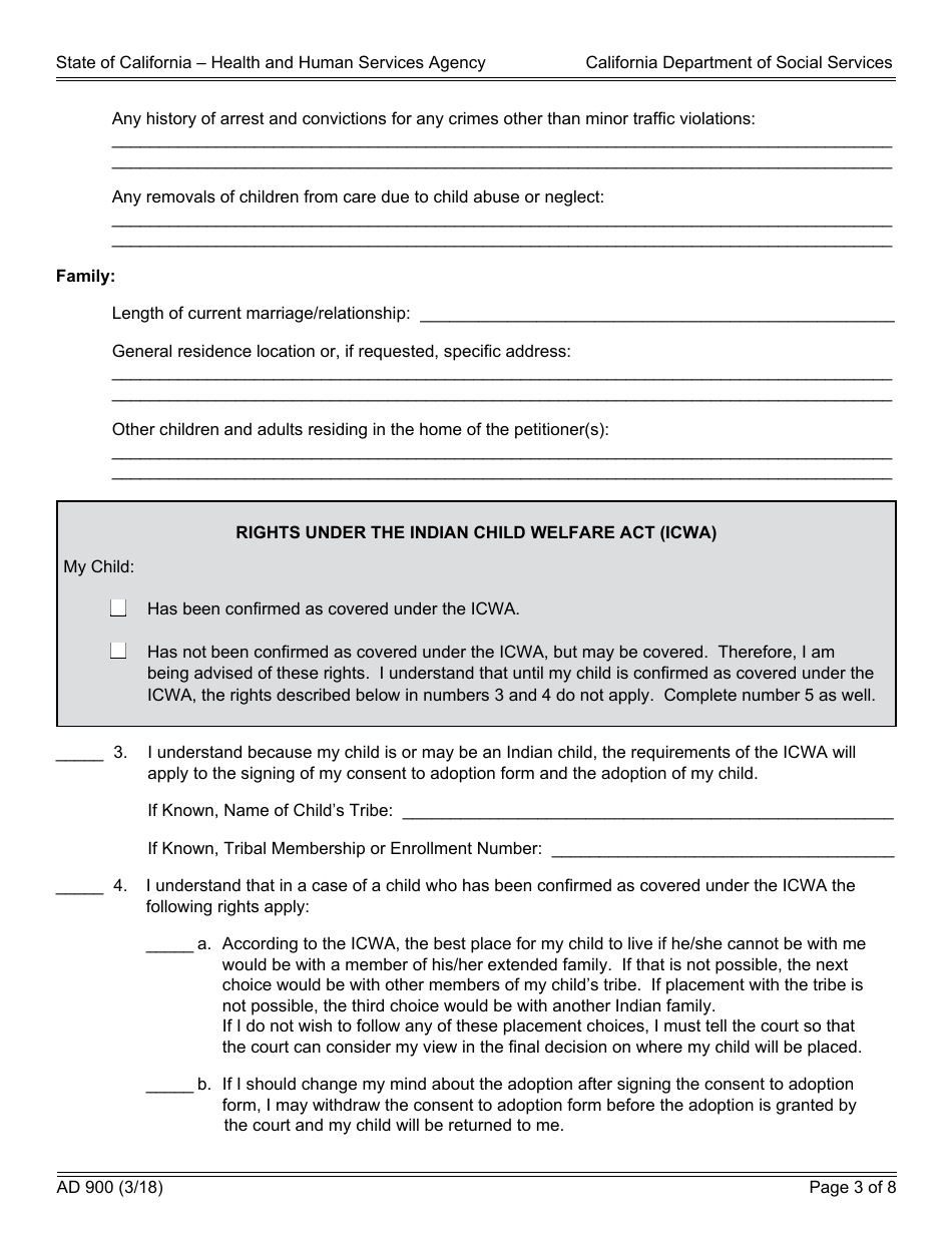 Form AD900 Statement of Understanding Independent Adoptions Program - Parent Who Gave Physical Custody (Custodial Parent) of the Indian Child to the Petitioner(S) - California, Page 3