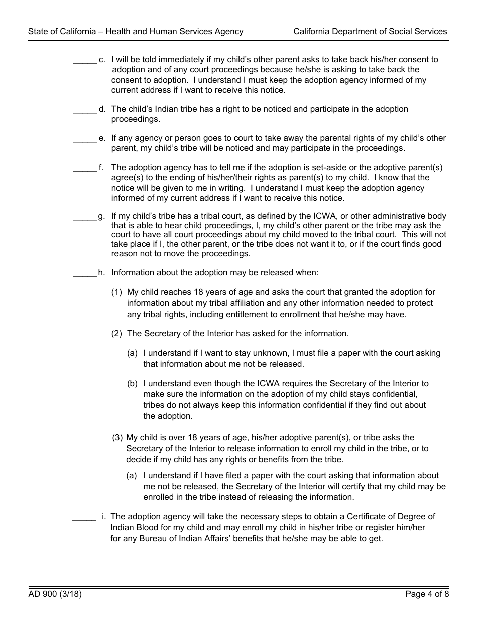Form AD900 Statement of Understanding Independent Adoptions Program - Parent Who Gave Physical Custody (Custodial Parent) of the Indian Child to the Petitioner(S) - California, Page 4