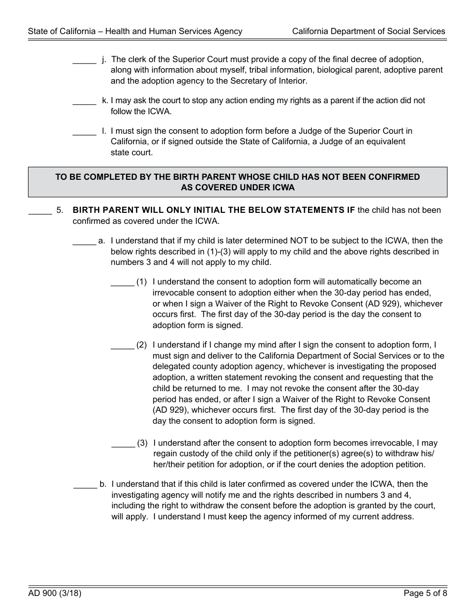 Form AD900 Statement of Understanding Independent Adoptions Program - Parent Who Gave Physical Custody (Custodial Parent) of the Indian Child to the Petitioner(S) - California, Page 5