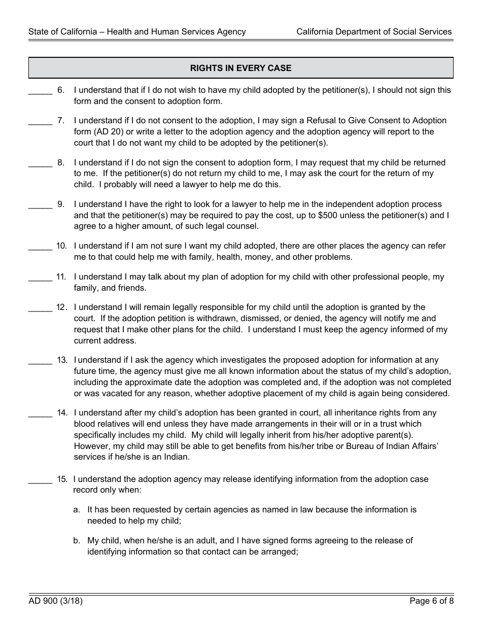 Form AD900 Statement of Understanding Independent Adoptions Program - Parent Who Gave Physical Custody (Custodial Parent) of the Indian Child to the Petitioner(S) - California, Page 6