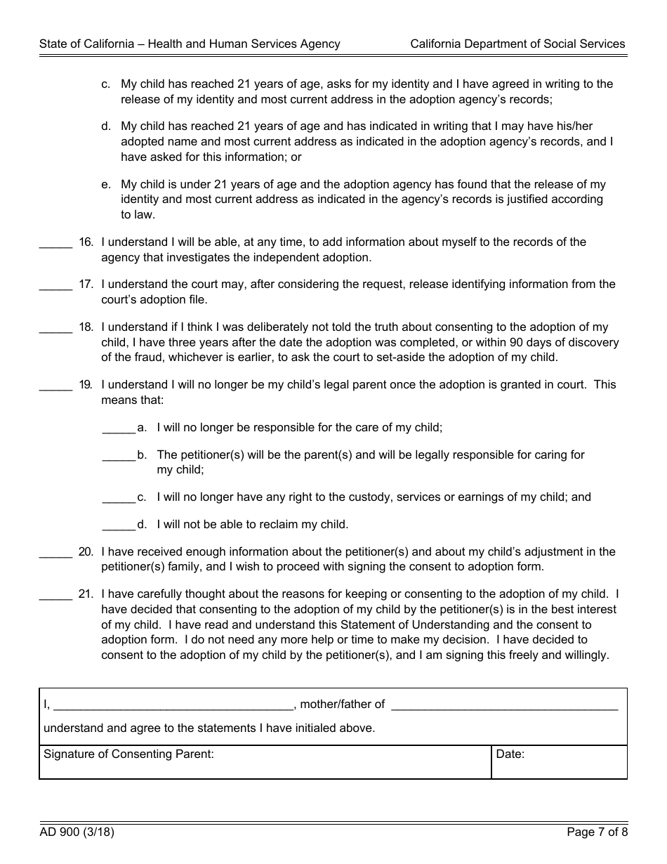 Form AD900 Statement of Understanding Independent Adoptions Program - Parent Who Gave Physical Custody (Custodial Parent) of the Indian Child to the Petitioner(S) - California, Page 7