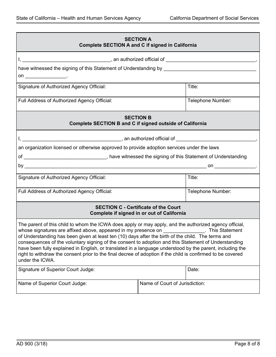 Form AD900 Statement of Understanding Independent Adoptions Program - Parent Who Gave Physical Custody (Custodial Parent) of the Indian Child to the Petitioner(S) - California, Page 8