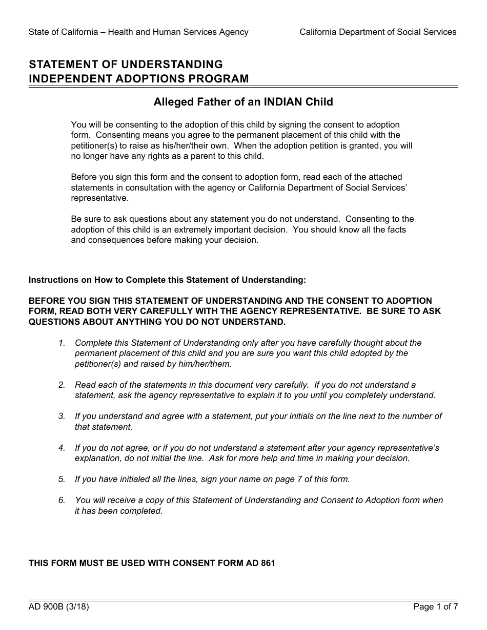 Form AD900B Statement of Understanding Independent Adoptions Program - Alleged Father of an Indian Child - California, Page 1