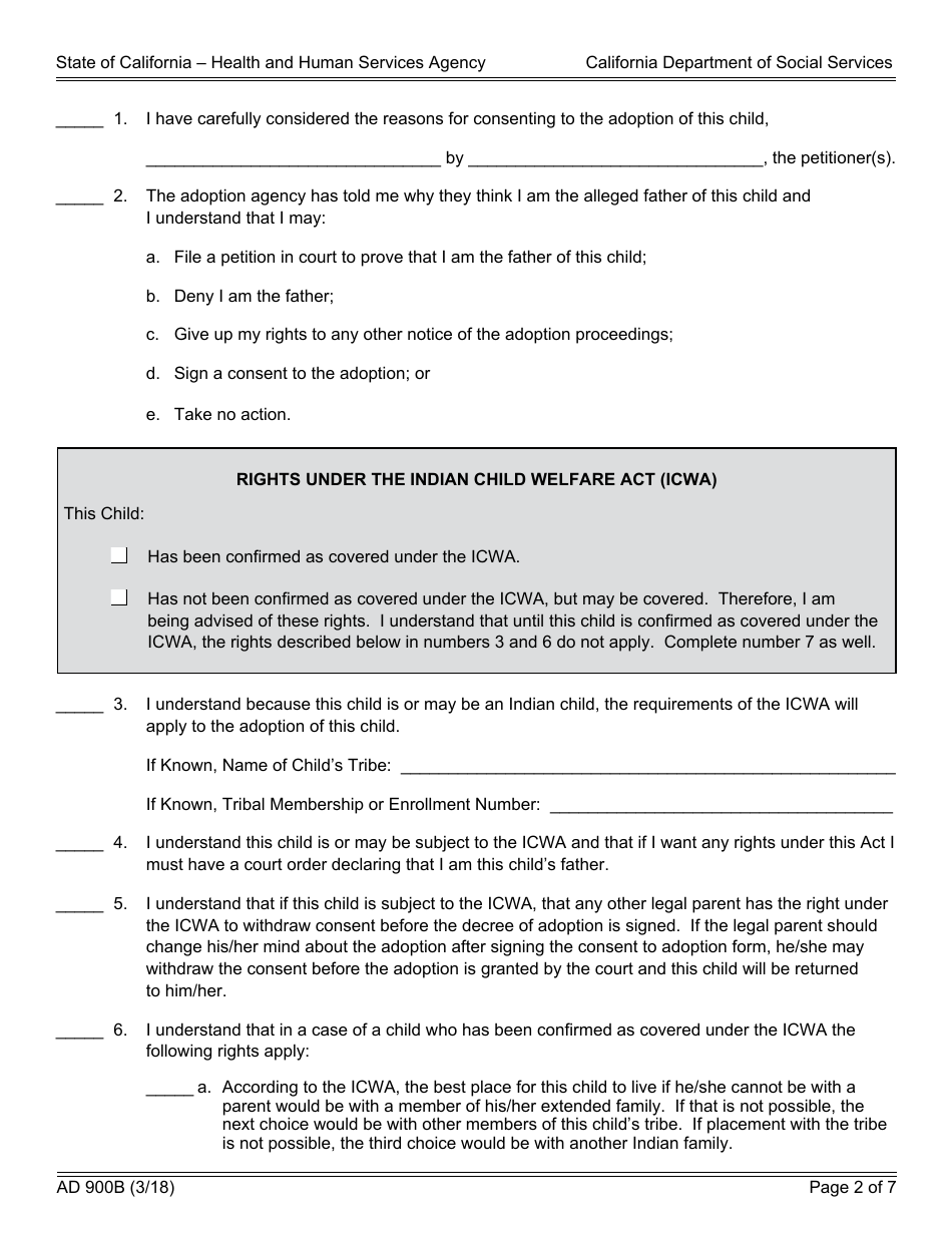 Form AD900B Statement of Understanding Independent Adoptions Program - Alleged Father of an Indian Child - California, Page 2