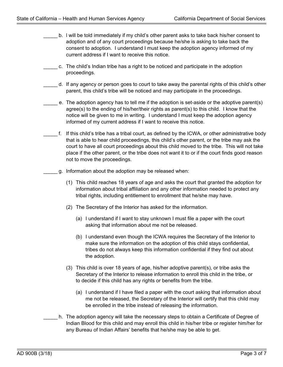 Form AD900B Statement of Understanding Independent Adoptions Program - Alleged Father of an Indian Child - California, Page 3