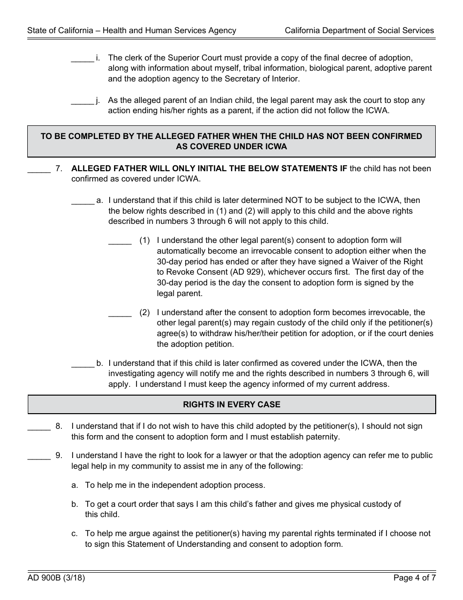 Form AD900B Statement of Understanding Independent Adoptions Program - Alleged Father of an Indian Child - California, Page 4