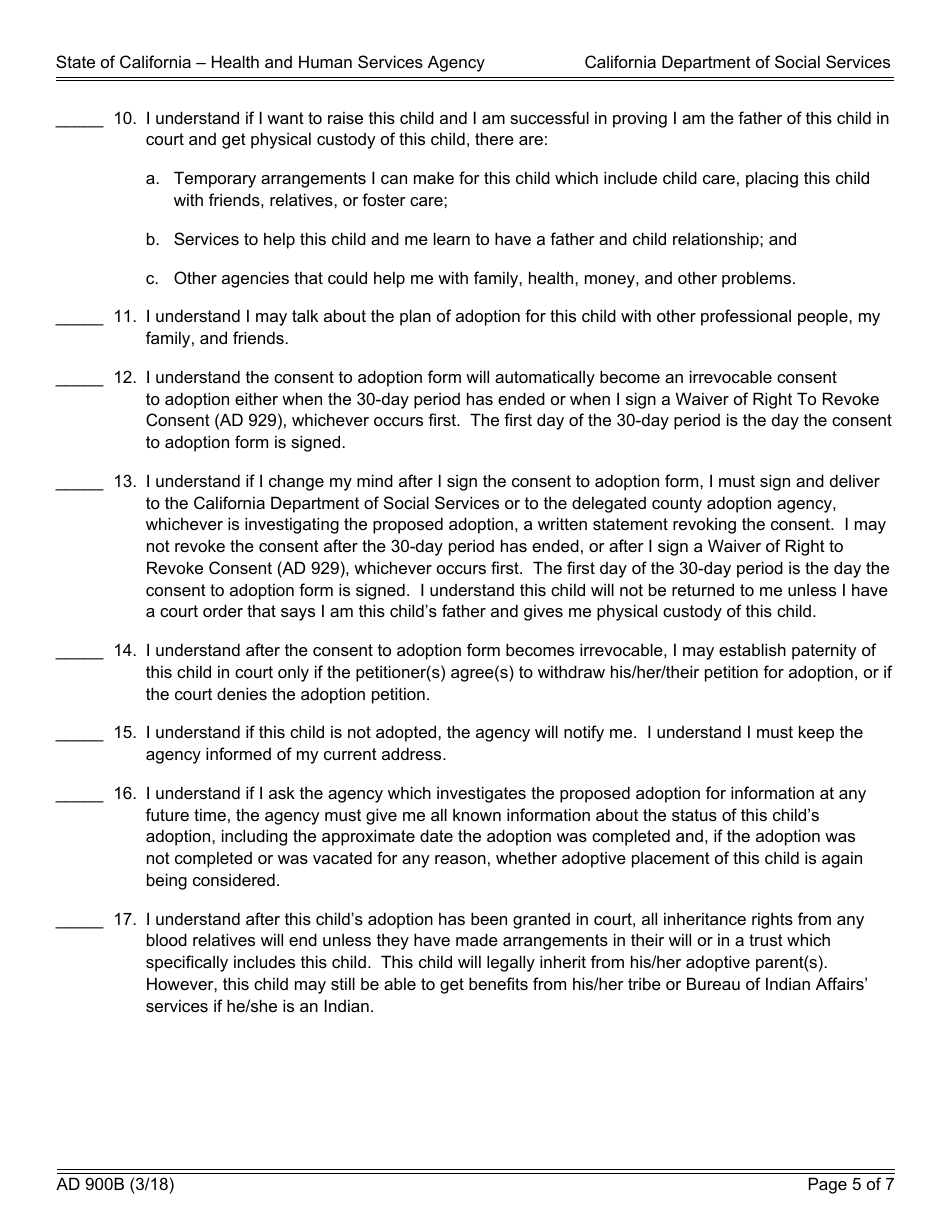Form AD900B Statement of Understanding Independent Adoptions Program - Alleged Father of an Indian Child - California, Page 5