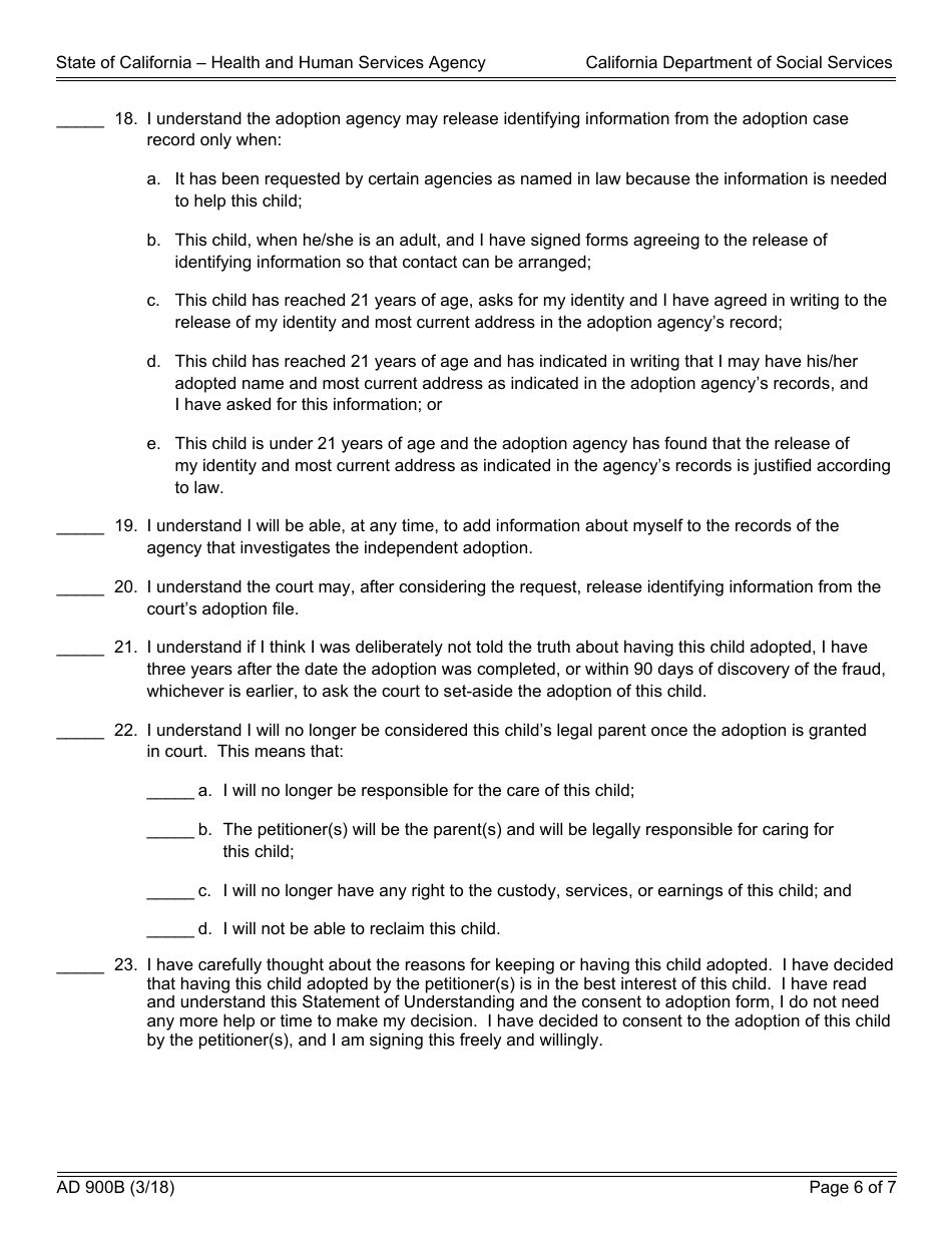 Form AD900B Statement of Understanding Independent Adoptions Program - Alleged Father of an Indian Child - California, Page 6