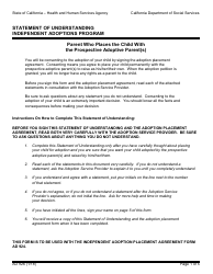 Document preview: Form AD926 Statement of Understanding Independent Adoptions Program - Parent Who Places the Child With the Prospective Adoptive Parent(S) - California