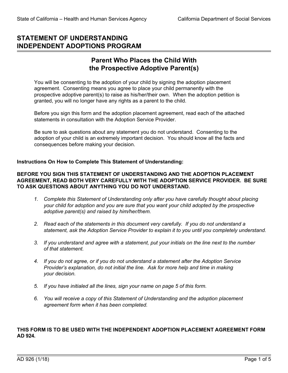 Form AD926 Statement of Understanding Independent Adoptions Program - Parent Who Places the Child With the Prospective Adoptive Parent(S) - California, Page 1