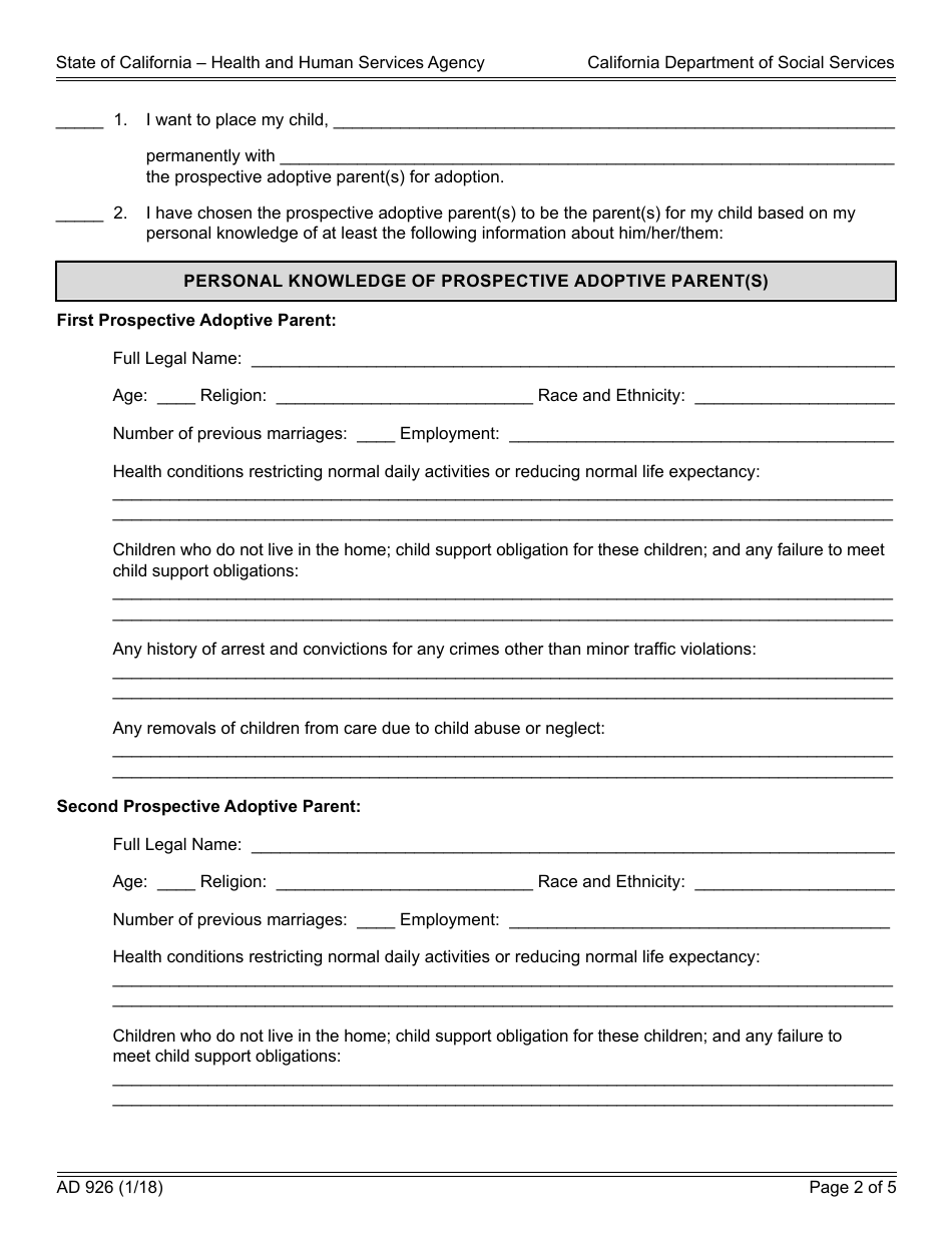 Form AD926 Statement of Understanding Independent Adoptions Program - Parent Who Places the Child With the Prospective Adoptive Parent(S) - California, Page 2