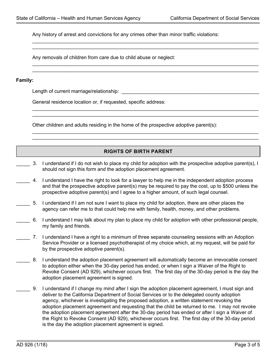 Form AD926 Statement of Understanding Independent Adoptions Program - Parent Who Places the Child With the Prospective Adoptive Parent(S) - California, Page 3