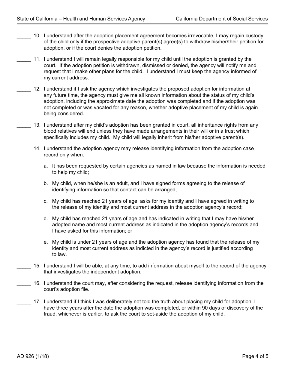 Form AD926 Statement of Understanding Independent Adoptions Program - Parent Who Places the Child With the Prospective Adoptive Parent(S) - California, Page 4