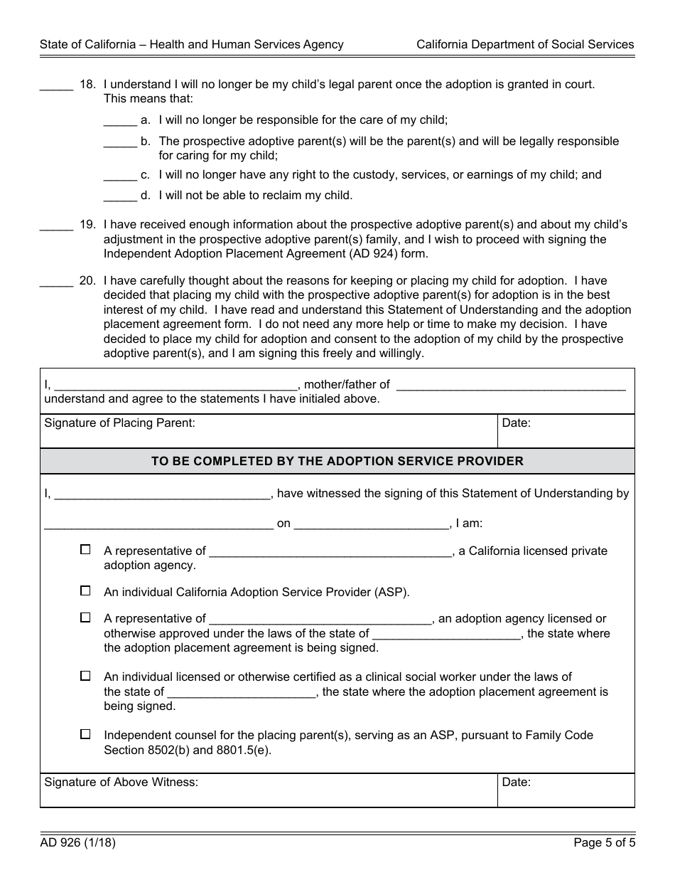 Form AD926 Statement of Understanding Independent Adoptions Program - Parent Who Places the Child With the Prospective Adoptive Parent(S) - California, Page 5