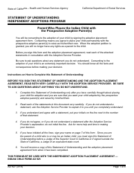 Document preview: Form AD927 Statement of Understanding Independent Adoptions Program - Parent Who Places the Indian Child With the Prospective Adoptive Parent(S) - California