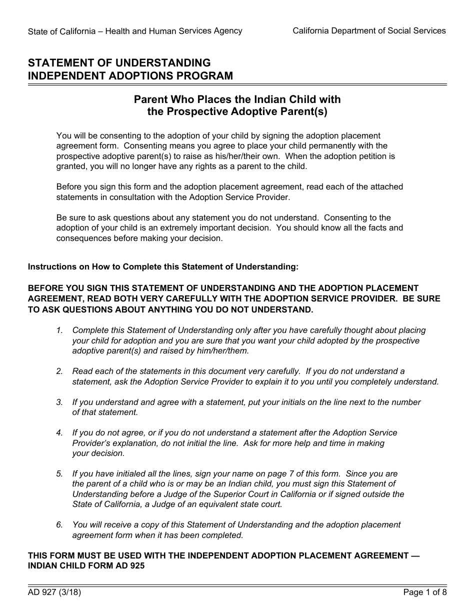 Form AD927 Statement of Understanding Independent Adoptions Program - Parent Who Places the Indian Child With the Prospective Adoptive Parent(S) - California, Page 1
