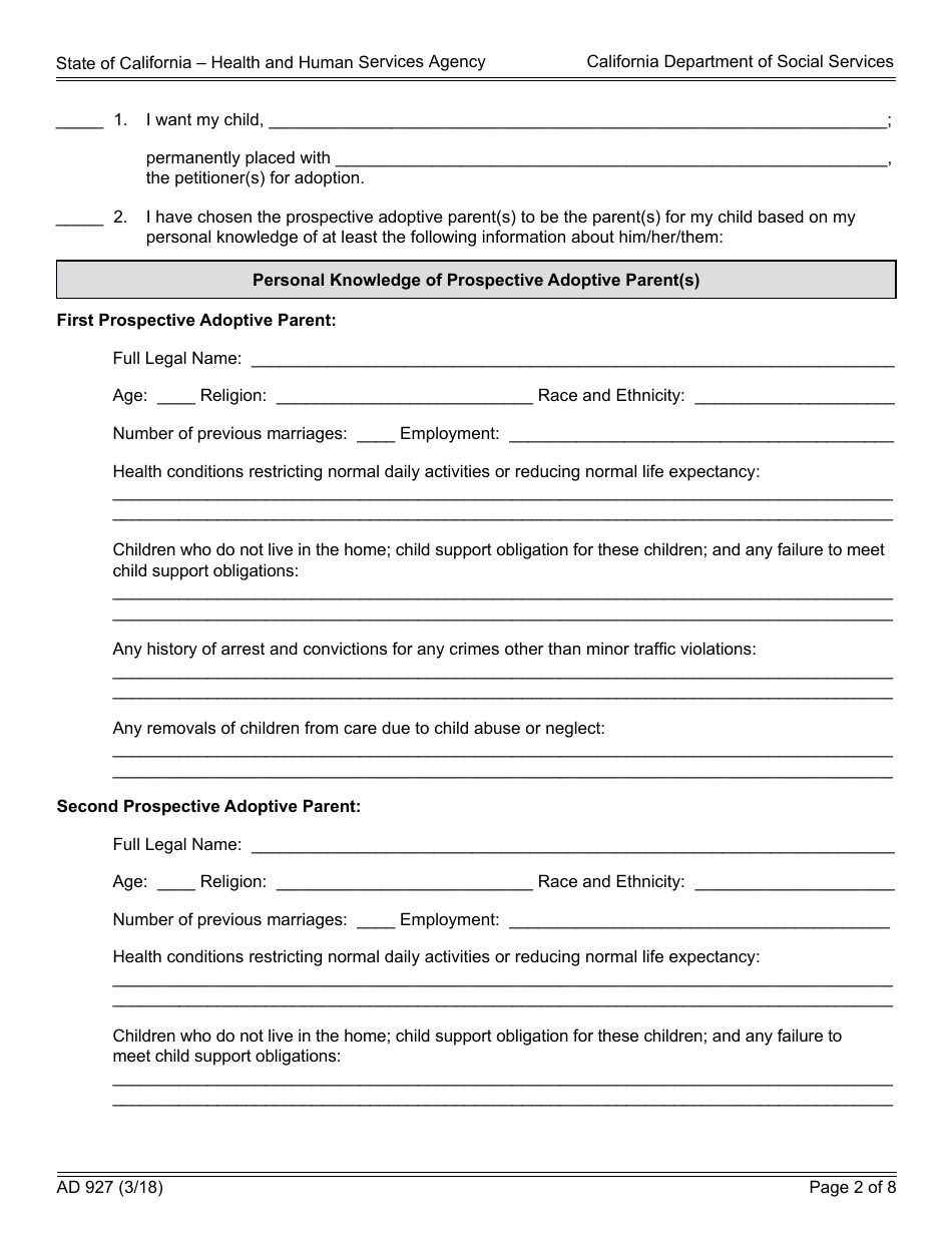 Form AD927 Statement of Understanding Independent Adoptions Program - Parent Who Places the Indian Child With the Prospective Adoptive Parent(S) - California, Page 2