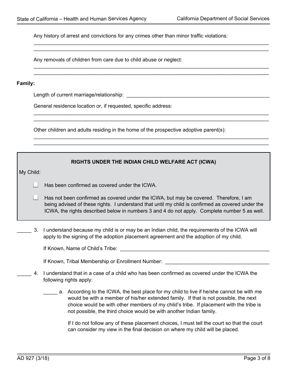Form AD927 Statement of Understanding Independent Adoptions Program - Parent Who Places the Indian Child With the Prospective Adoptive Parent(S) - California, Page 3