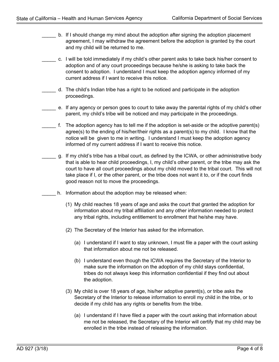 Form AD927 Statement of Understanding Independent Adoptions Program - Parent Who Places the Indian Child With the Prospective Adoptive Parent(S) - California, Page 4