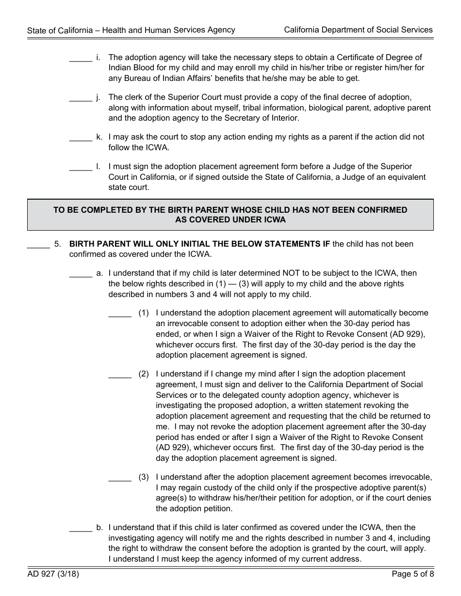 Form AD927 Statement of Understanding Independent Adoptions Program - Parent Who Places the Indian Child With the Prospective Adoptive Parent(S) - California, Page 5