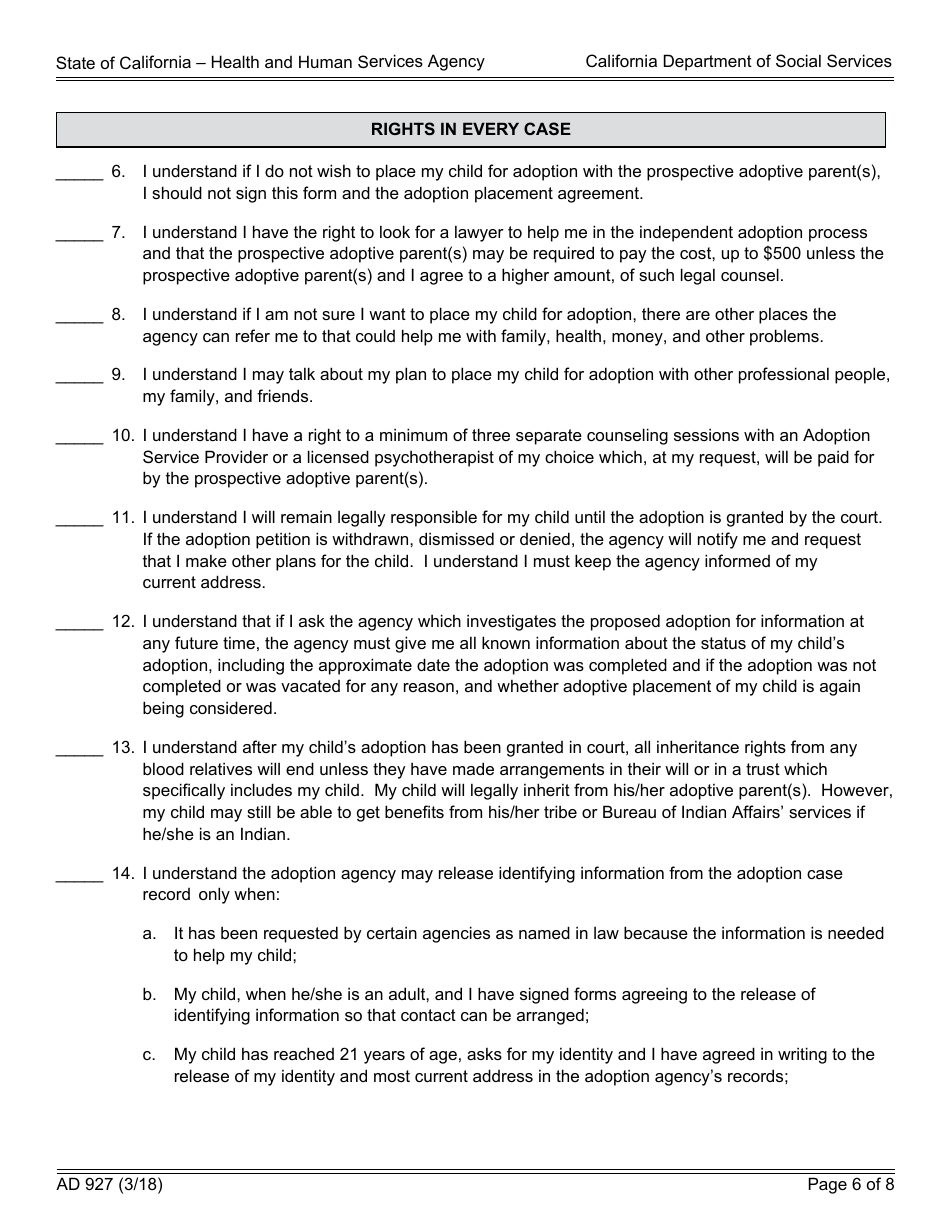 Form AD927 Statement of Understanding Independent Adoptions Program - Parent Who Places the Indian Child With the Prospective Adoptive Parent(S) - California, Page 6
