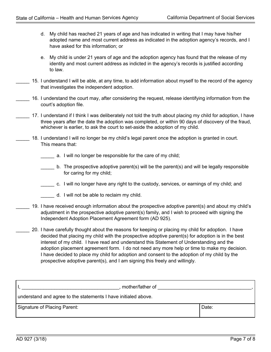 Form AD927 Statement of Understanding Independent Adoptions Program - Parent Who Places the Indian Child With the Prospective Adoptive Parent(S) - California, Page 7