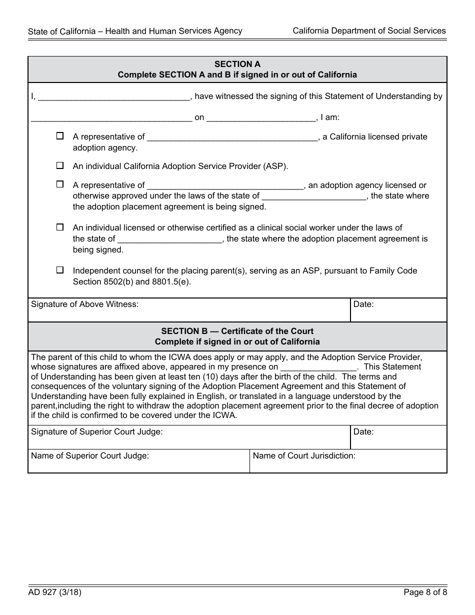 Form AD927 Statement of Understanding Independent Adoptions Program - Parent Who Places the Indian Child With the Prospective Adoptive Parent(S) - California, Page 8