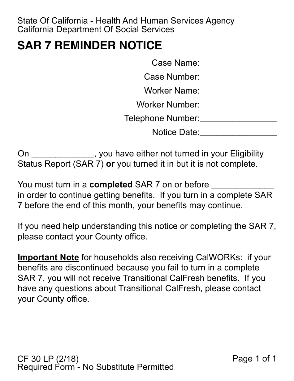 Form CR30 LP Sar 7 Reminder Notice - California, Page 1
