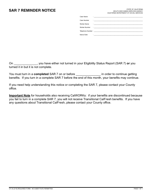 Form CF30 Sar 7 Reminder Notice - California