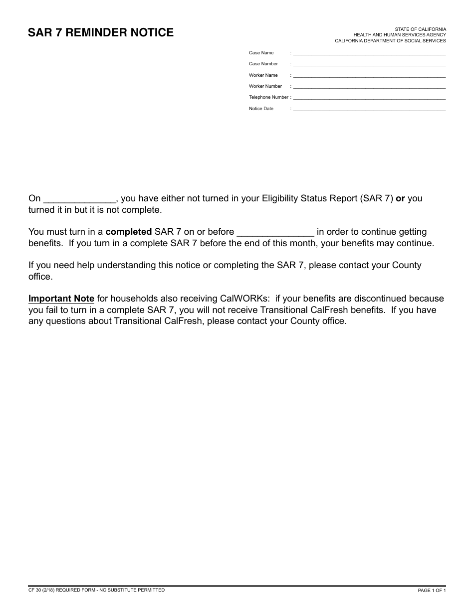 Form CF30 Sar 7 Reminder Notice - California, Page 1