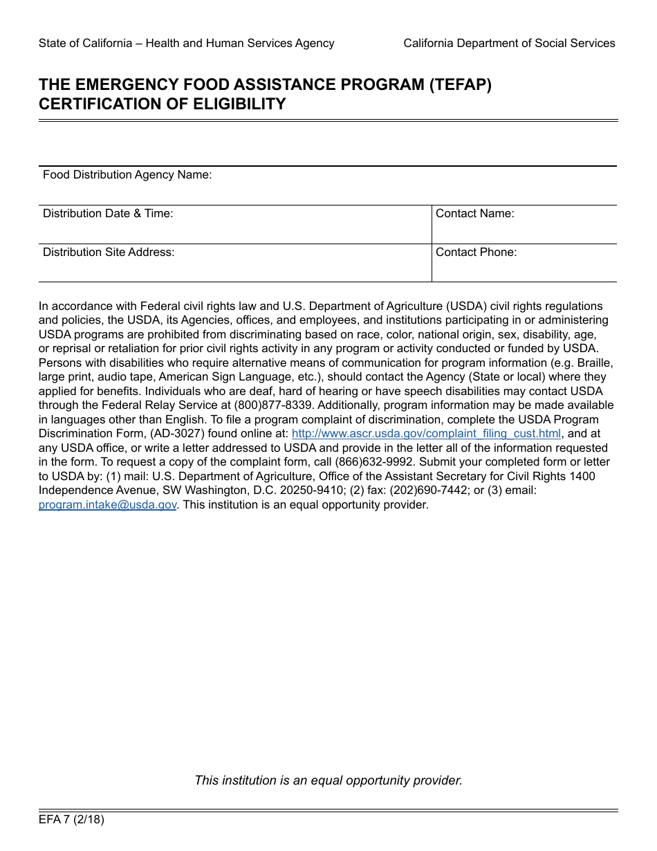 Form EFA7 The Emergency Food Assistance Program (Tefap) Certification of Eligibility - California, Page 1