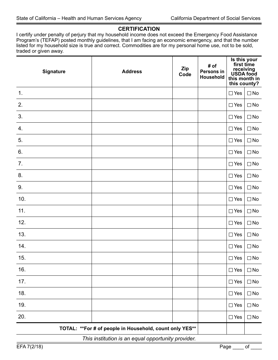 Form EFA7 The Emergency Food Assistance Program (Tefap) Certification of Eligibility - California, Page 2
