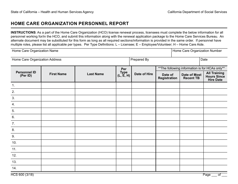 Form HCS600 Home Care Organization Personnel Report - California, Page 1