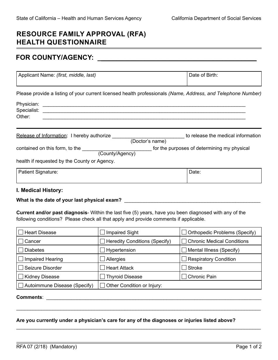 Form RFA07 Resource Family Approval (Rfa) Health Questionnaire - California, Page 1
