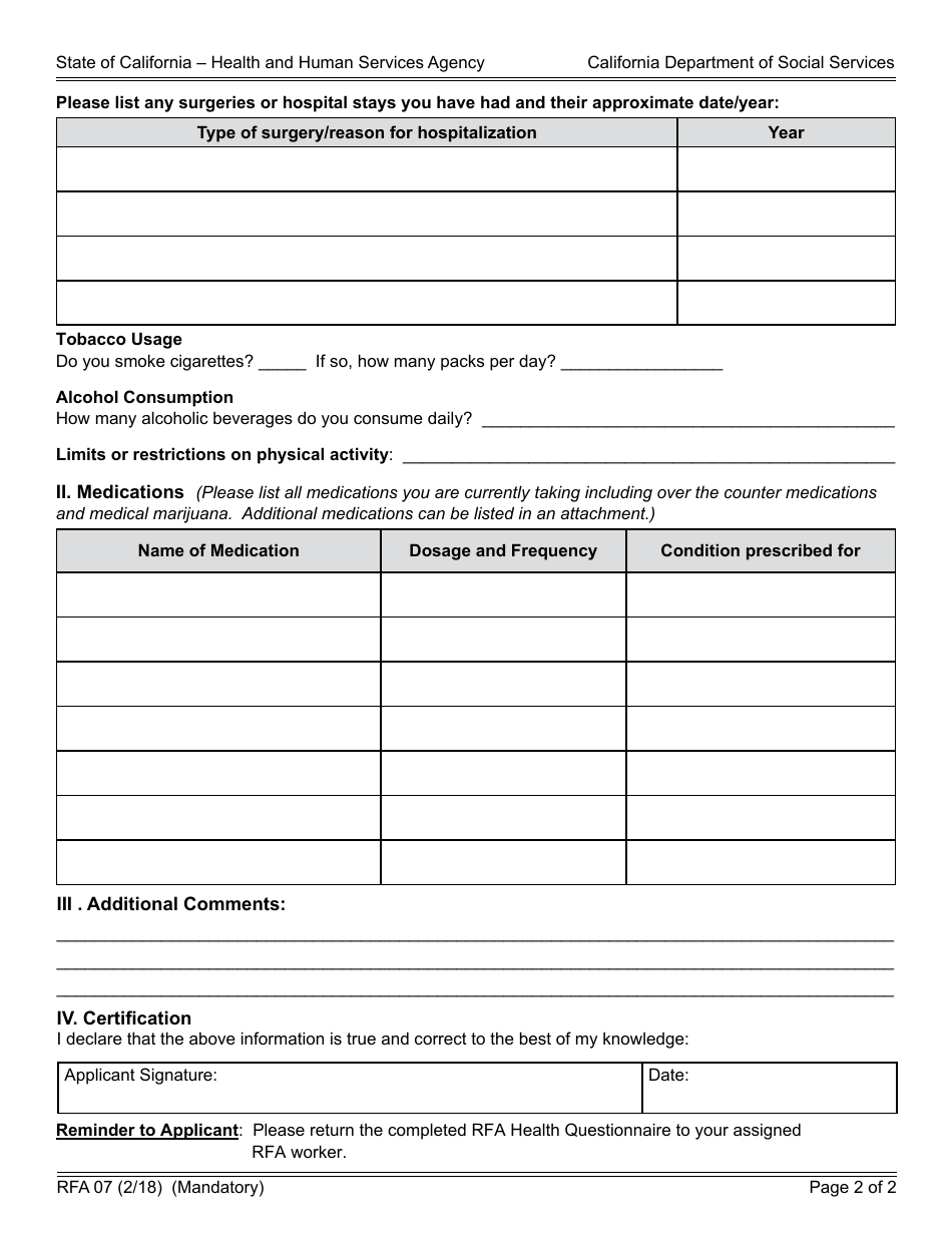 Form RFA07 Resource Family Approval (Rfa) Health Questionnaire - California, Page 2