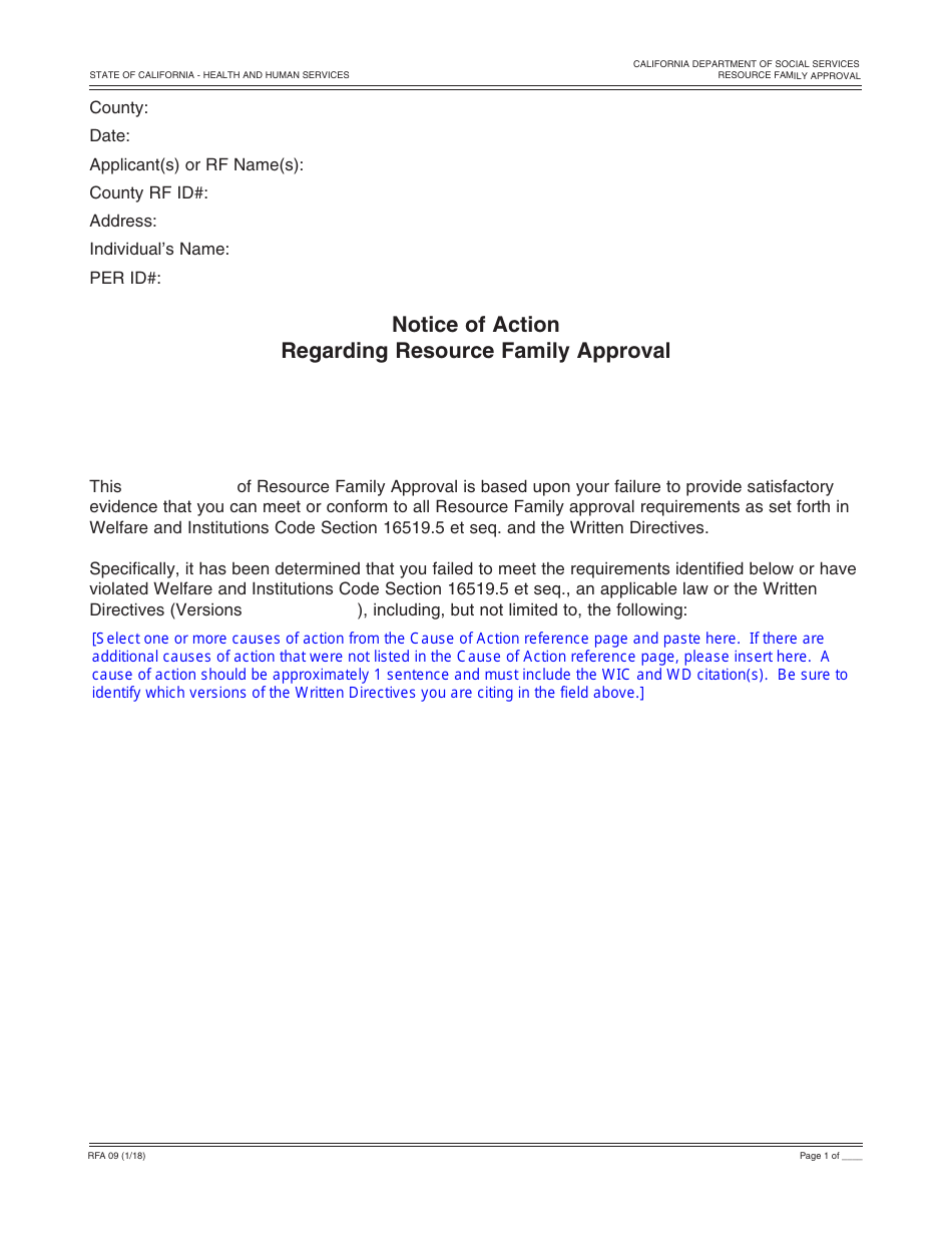 Form RFA09 Notice of Action Regarding Resource Family Approval - California, Page 1