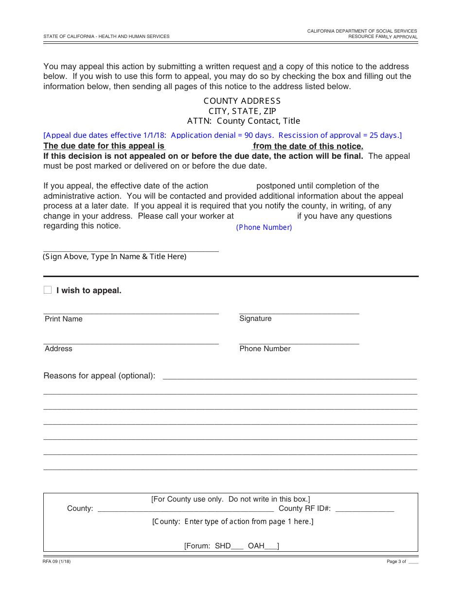 Form RFA09 Notice of Action Regarding Resource Family Approval - California, Page 3