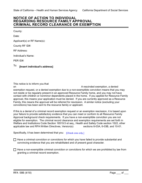 Form RFA09B Notice of Action to Individual Regarding Resource Family Approval Criminal Record Exemption Decision - California