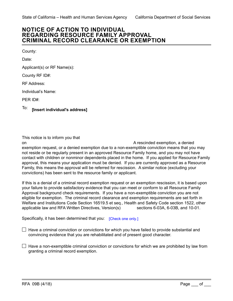 Form RFA09B Notice of Action to Individual Regarding Resource Family Approval Criminal Record Exemption Decision - California, Page 1