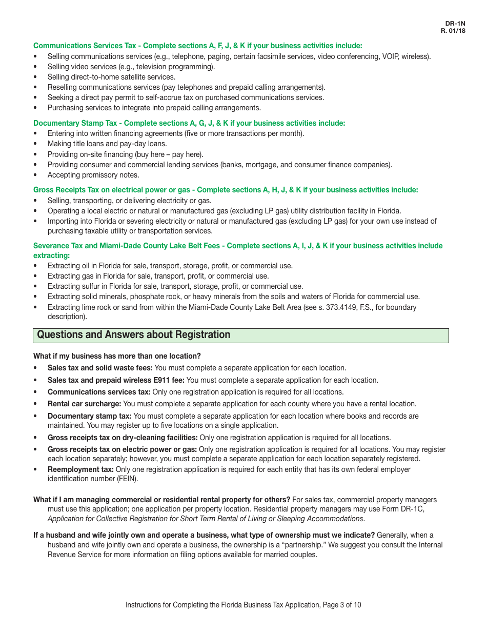 Instructions for Form DR-1 Florida Business Tax Application - Florida, Page 3