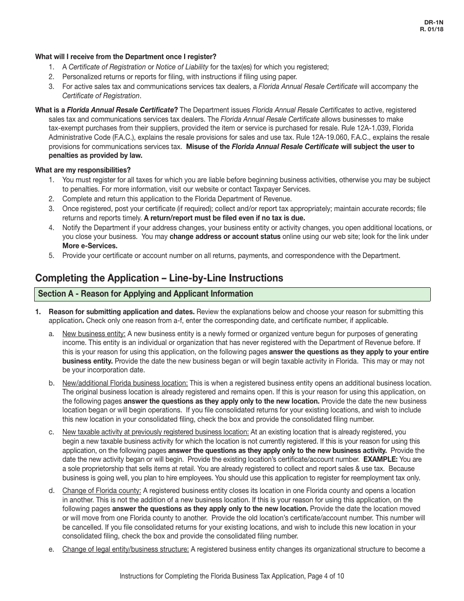 Instructions for Form DR-1 Florida Business Tax Application - Florida, Page 4
