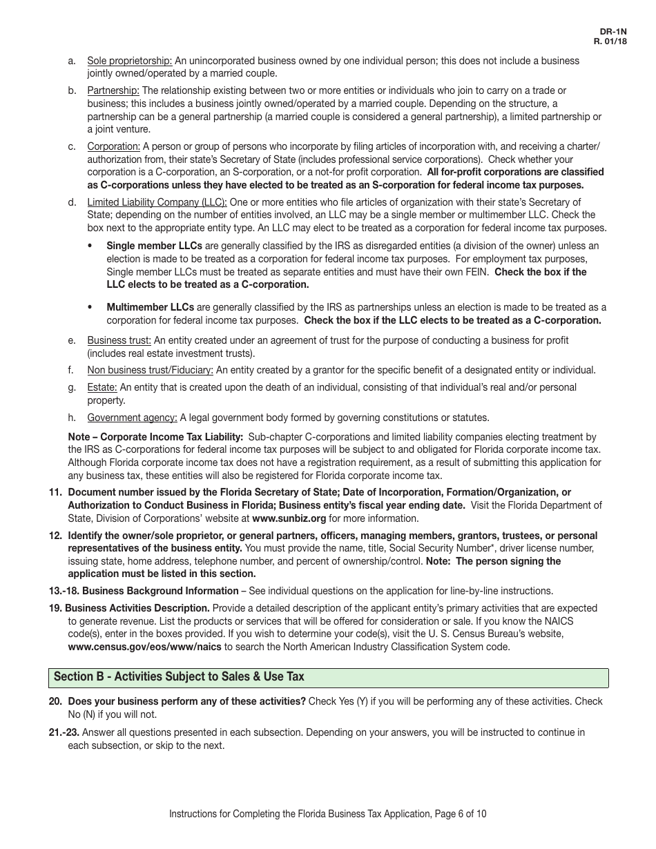 Instructions for Form DR-1 Florida Business Tax Application - Florida, Page 6