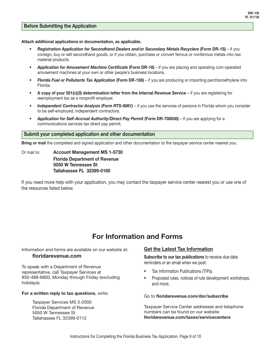 Instructions for Form DR-1 Florida Business Tax Application - Florida, Page 9