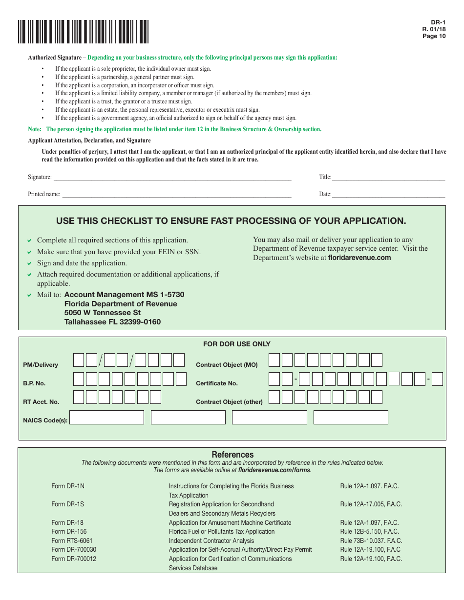 Form DR-1 Florida Business Tax Application - Florida, Page 10