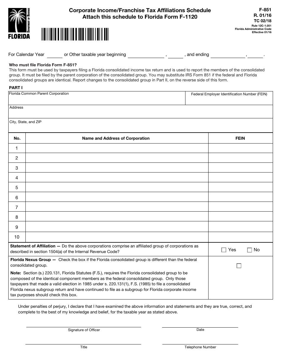 Form F-1120 Schedule F-851 Corporate Income / Franchise Tax Affiliations Schedule - Florida, Page 1
