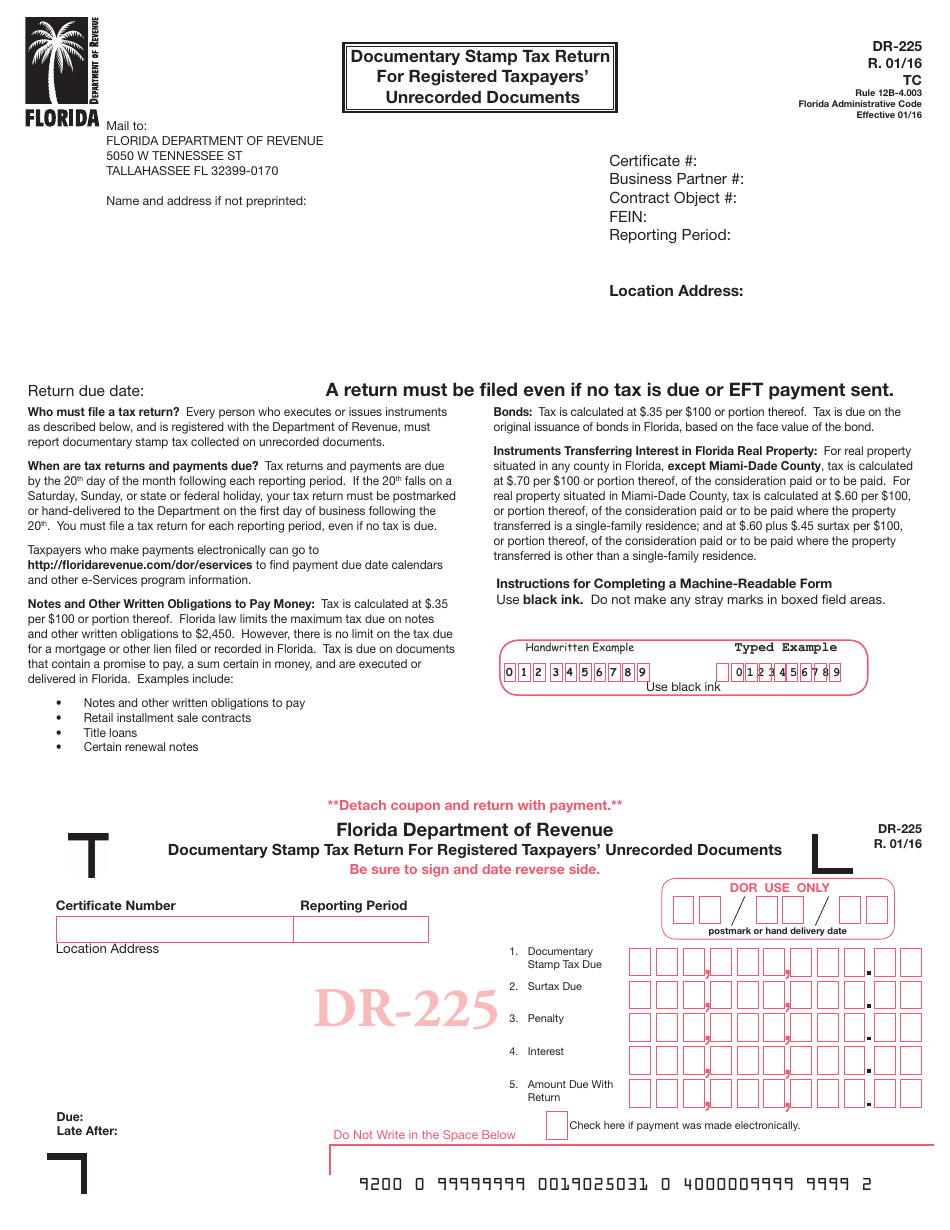 Form DR-225 Documentary Stamp Tax Return for Registered Taxpayers Unrecorded Documents - Florida, Page 1